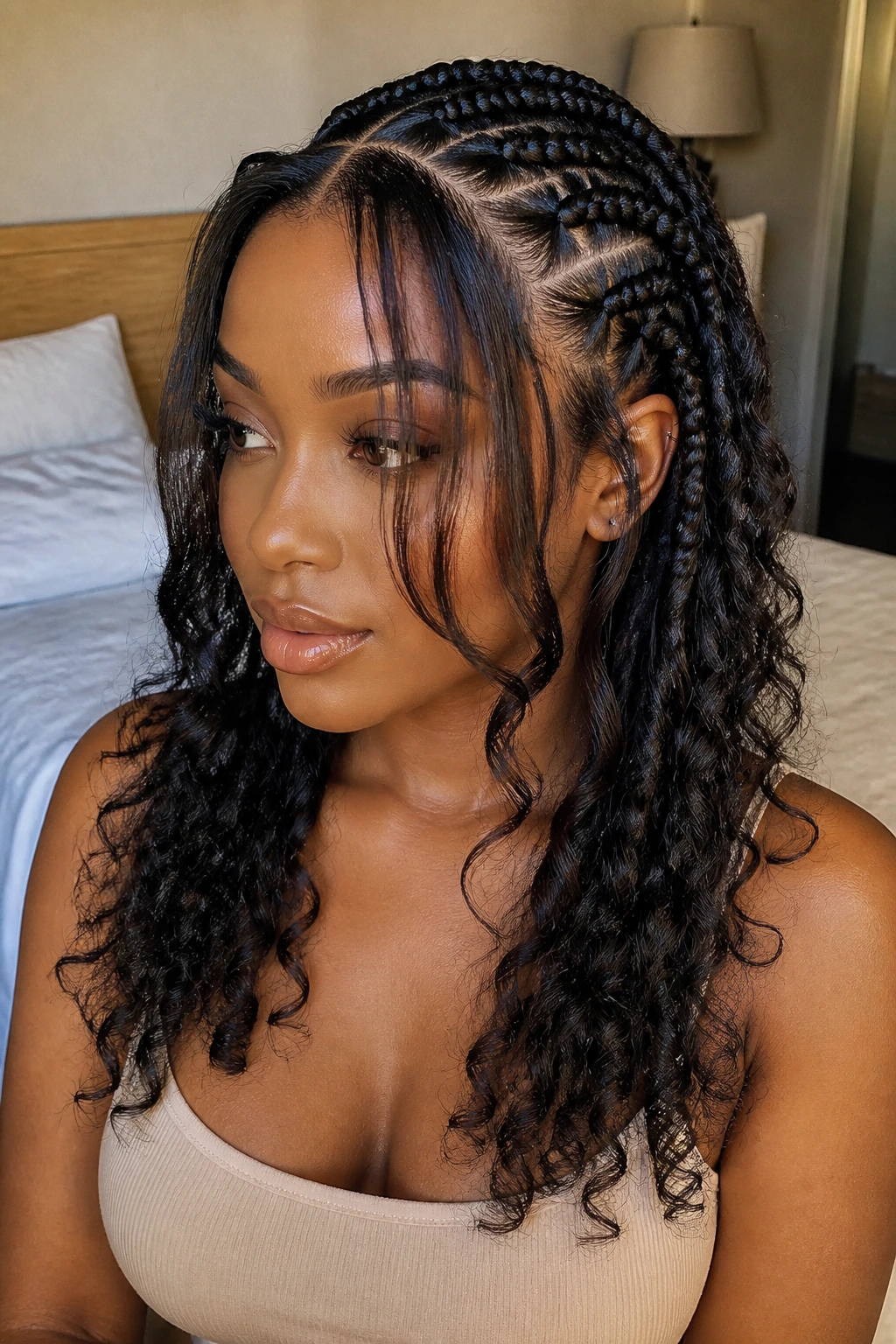 Close-up of a real woman with Dutch braids ending in curls and layered leave-out framing the face