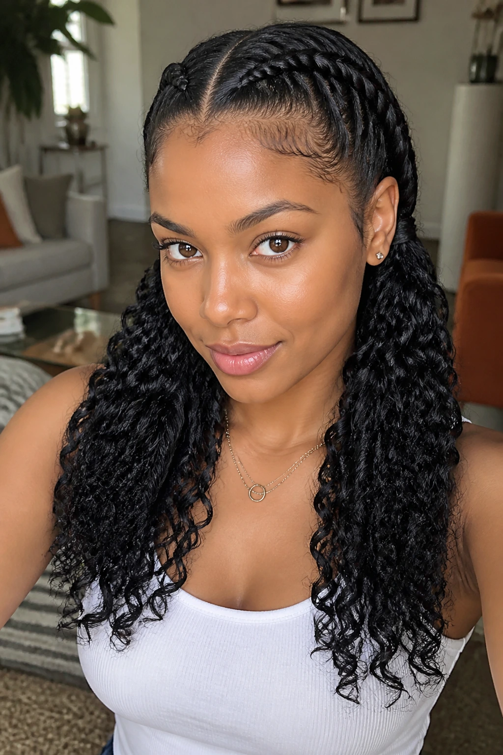Close-up of a real person with Dutch braids ending in curls over the shoulders.