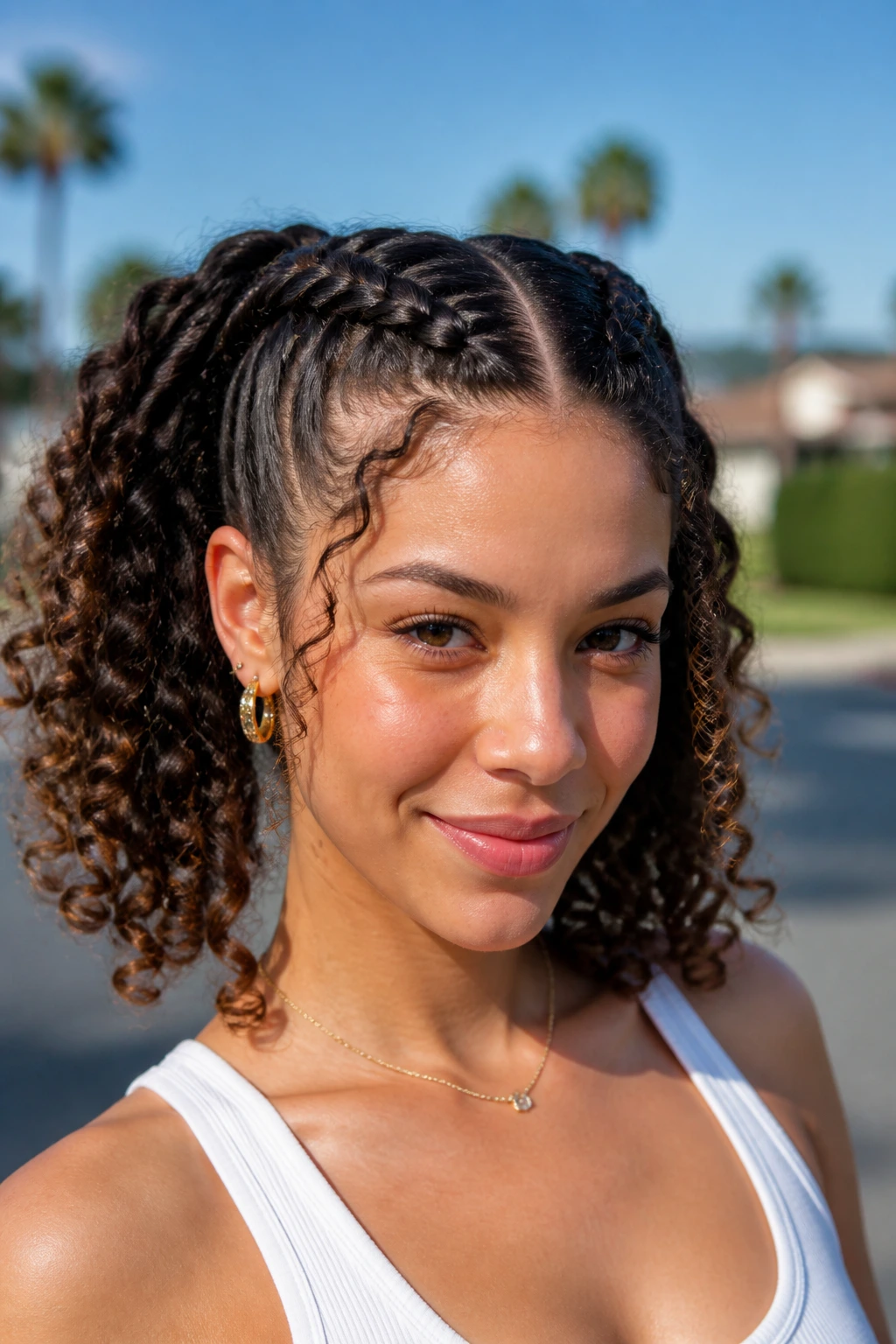 Real woman with Dutch braids forming curly pigtails outdoors