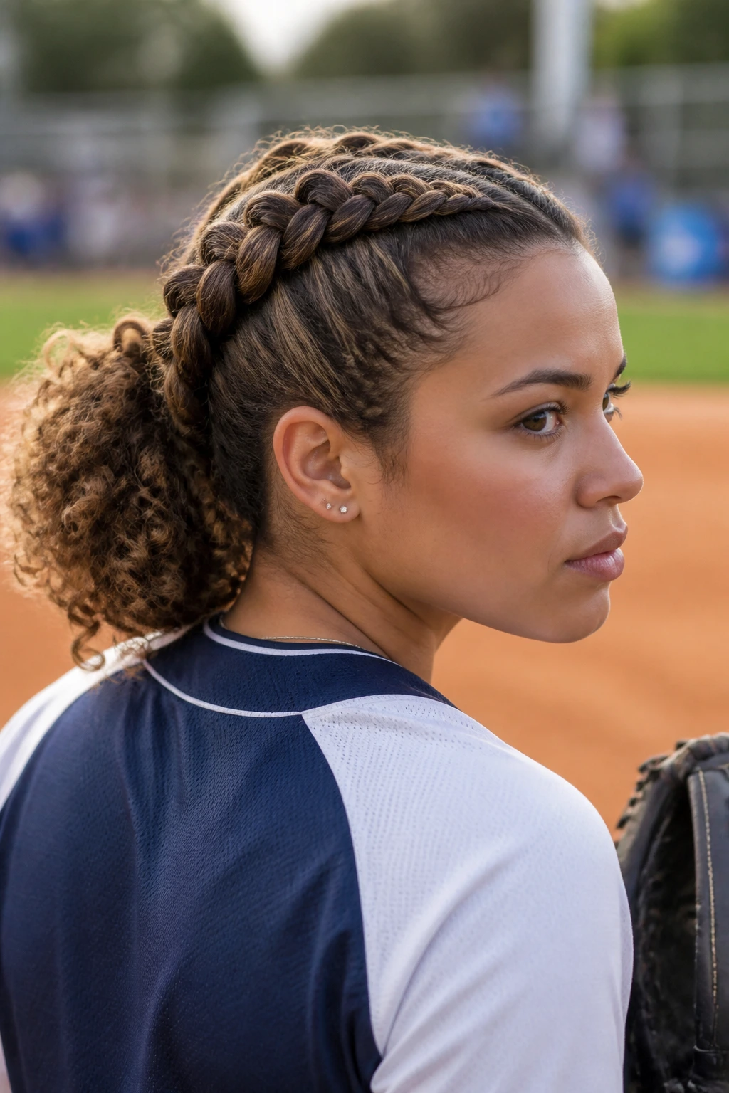 Three-quarter view of a player with two Dutch braids and a curly puff on a softball field