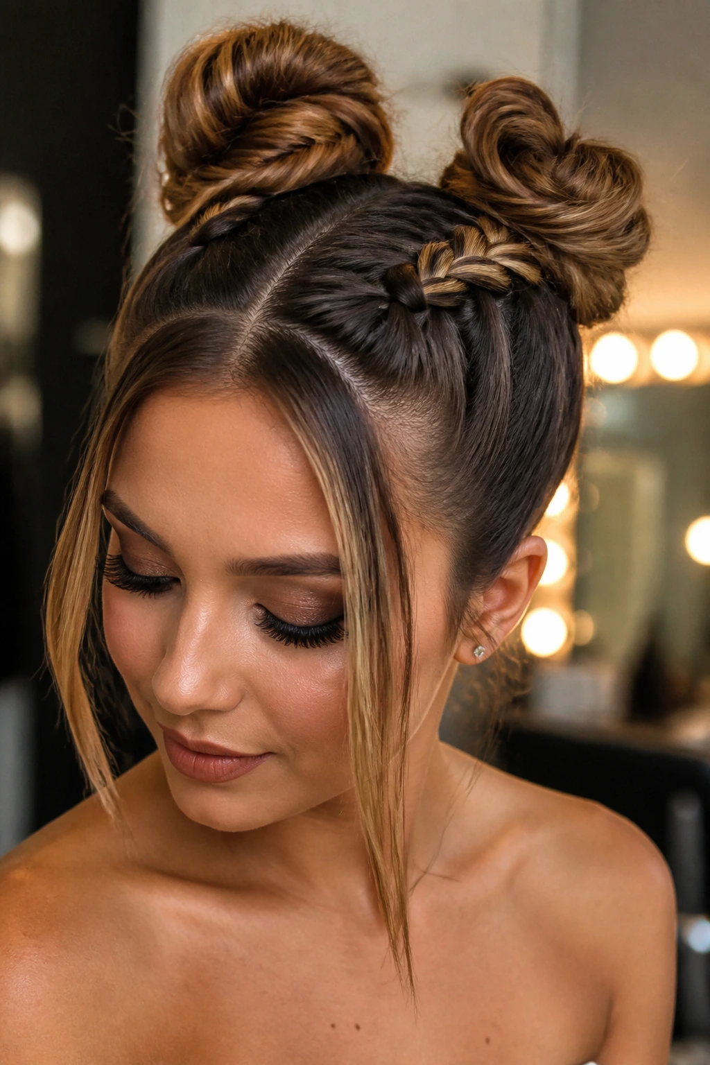 Close-up of a real woman with Dutch braids leading to double buns and straight front strips