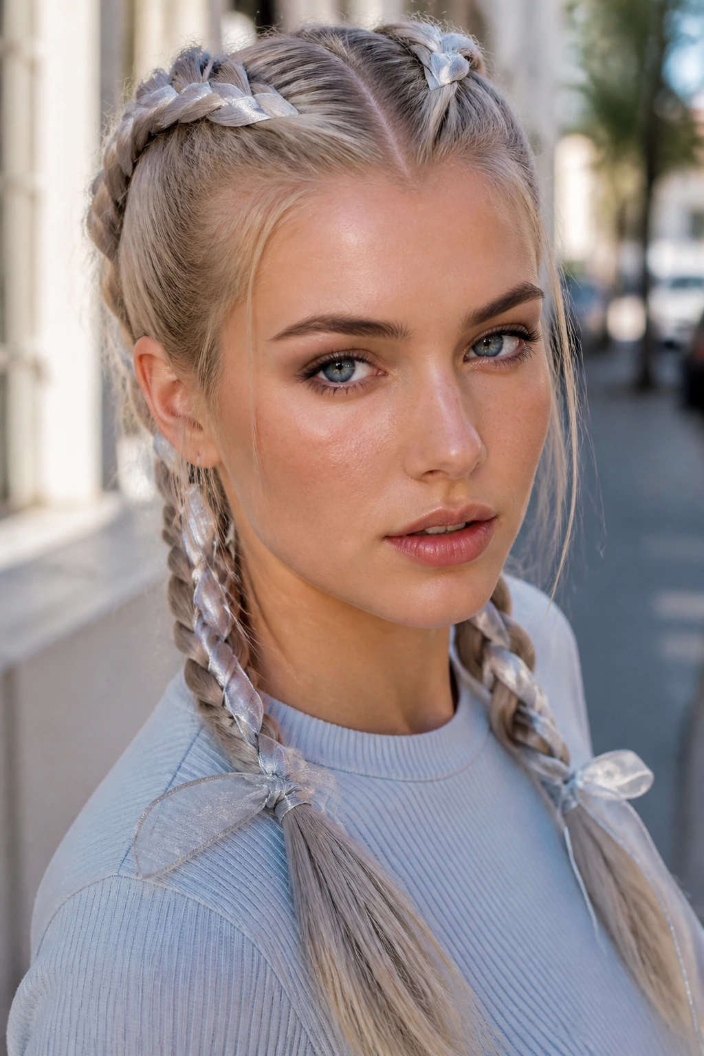 Close-up portrait of woman with Dutch braids and frosted ribbons