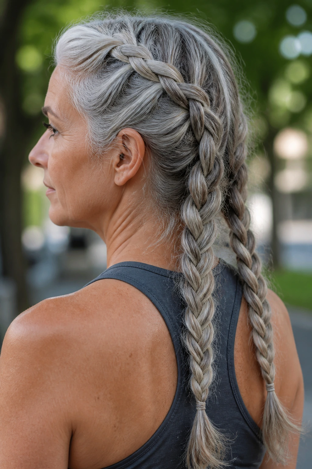 Real person with two loose Dutch braids down the back.