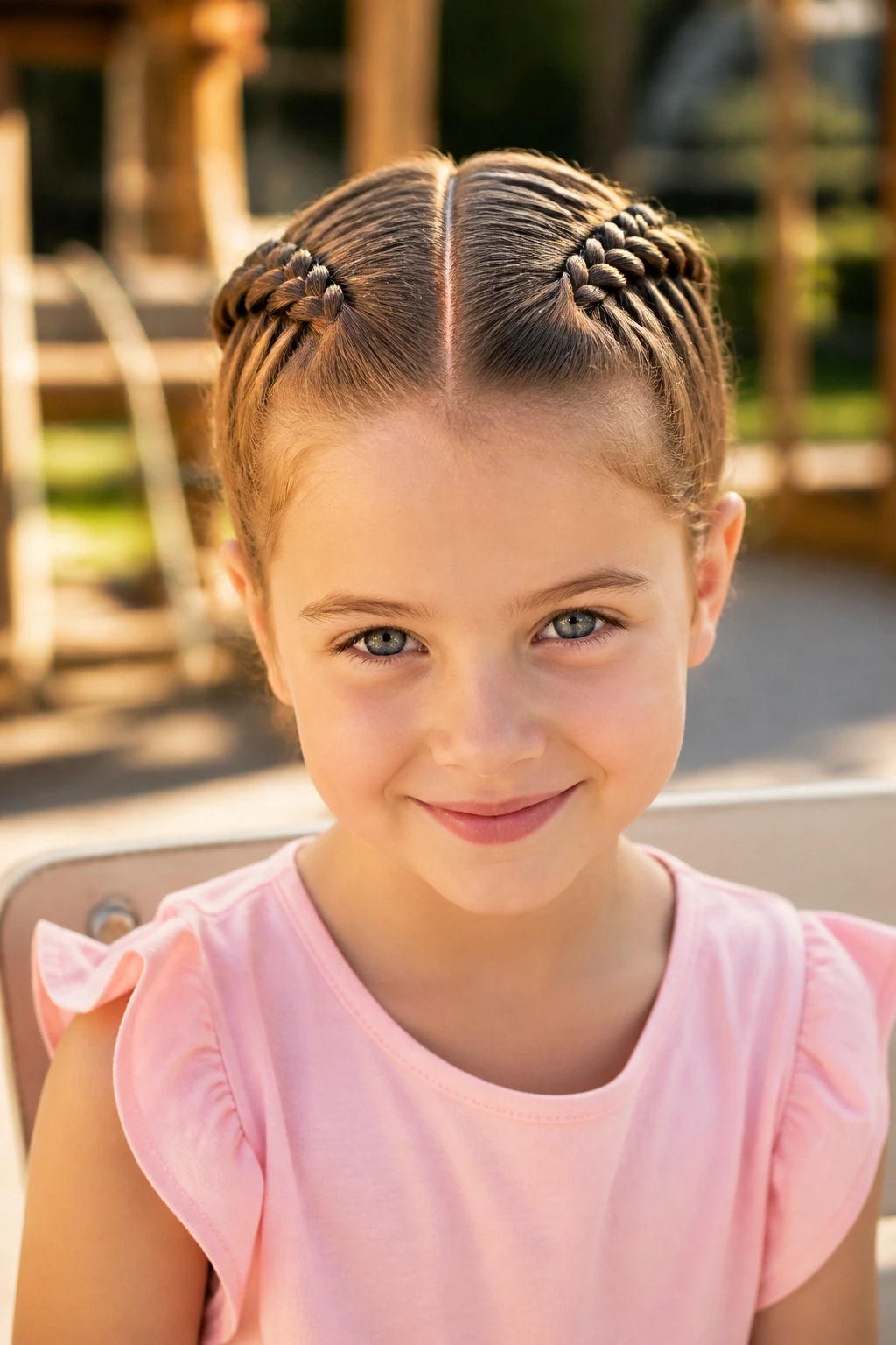 Girl with two Dutch braids sitting on top of the head