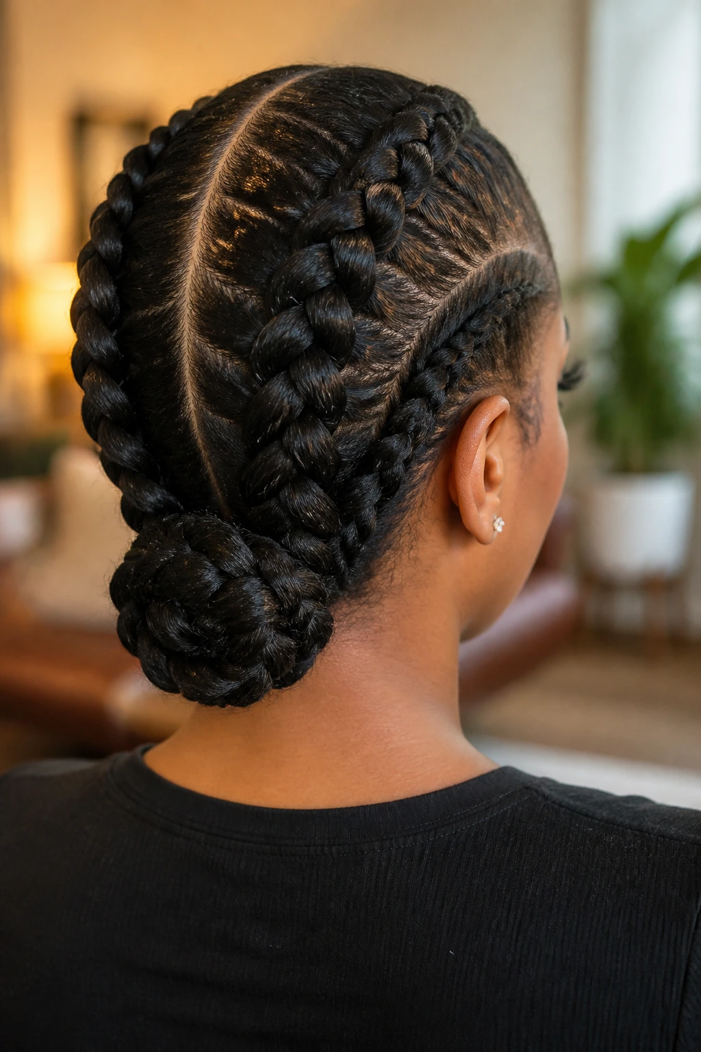Close-up of a real person with Dutch braids forming a low bun at the back
