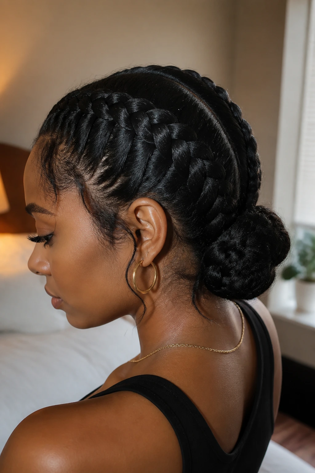 Close-up of a real woman with Dutch braids swept into a low chignon at the nape