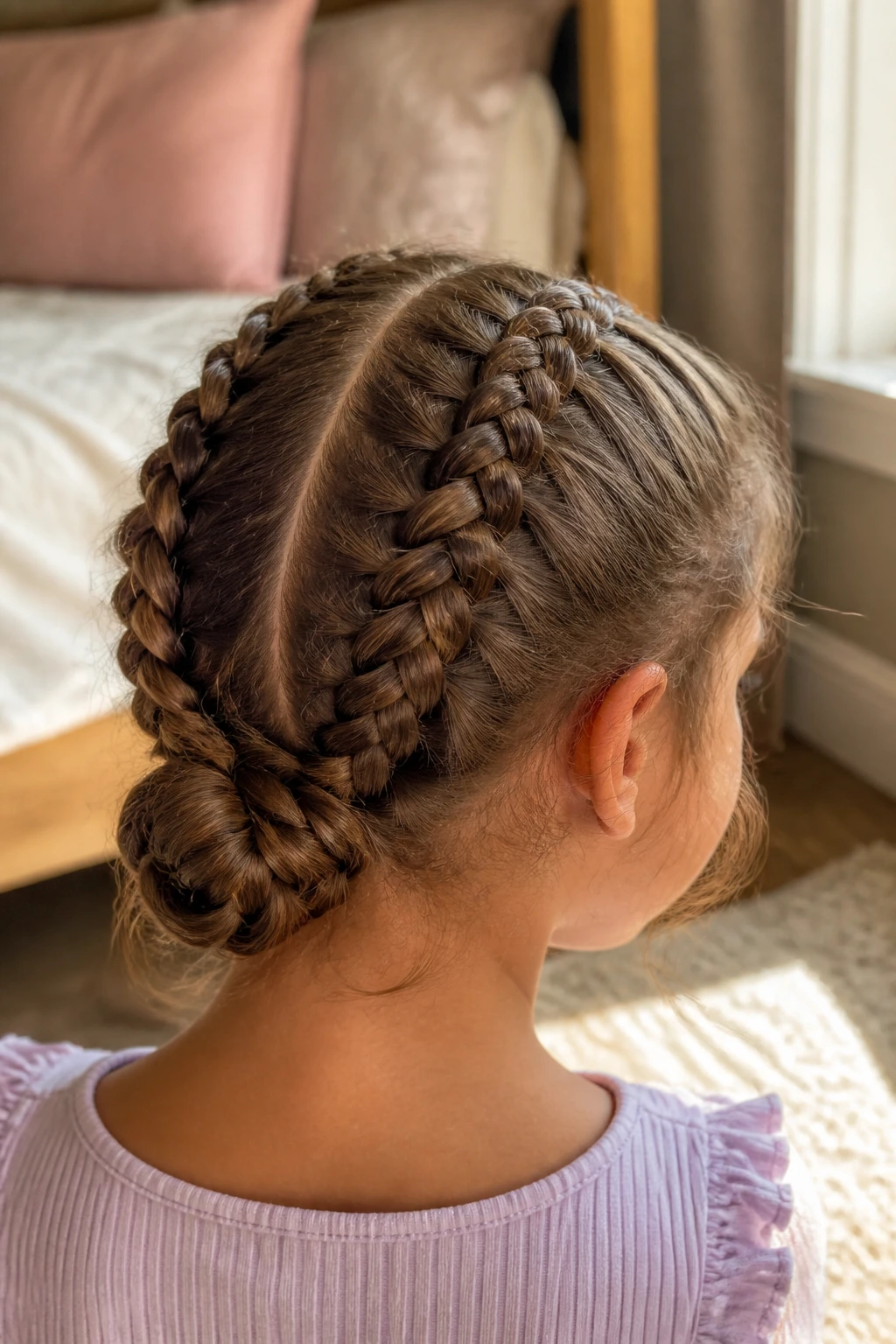 Close-up of child with center-part Dutch braids into a low nape knot