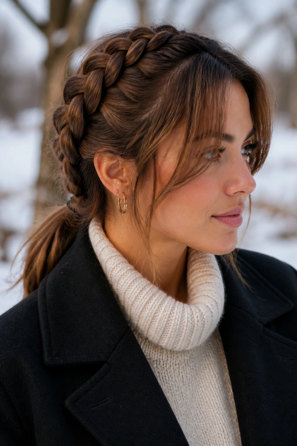 Close-up of a real woman with Dutch braids forming a low tail and soft curtain bangs