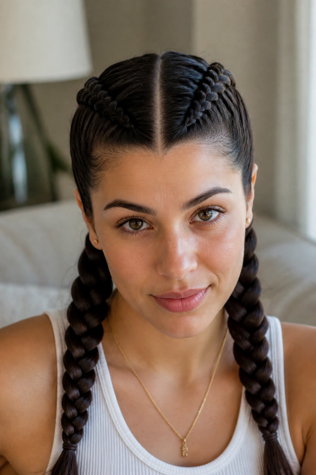 Close-up of a real person wearing sleek middle-part Dutch twin braids.
