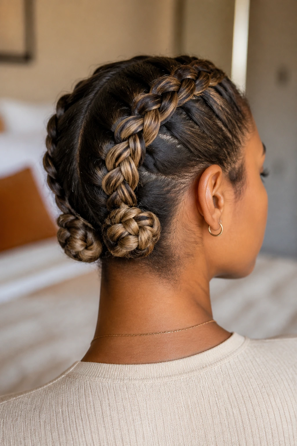 Back view of a real person with Dutch braids folded into mini buns revealing babylights