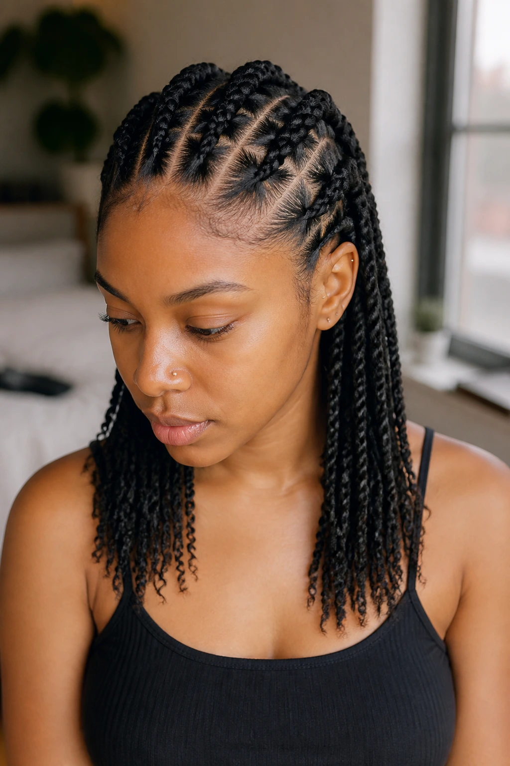Close-up of Dutch braids with mini twists at the ends on a real person