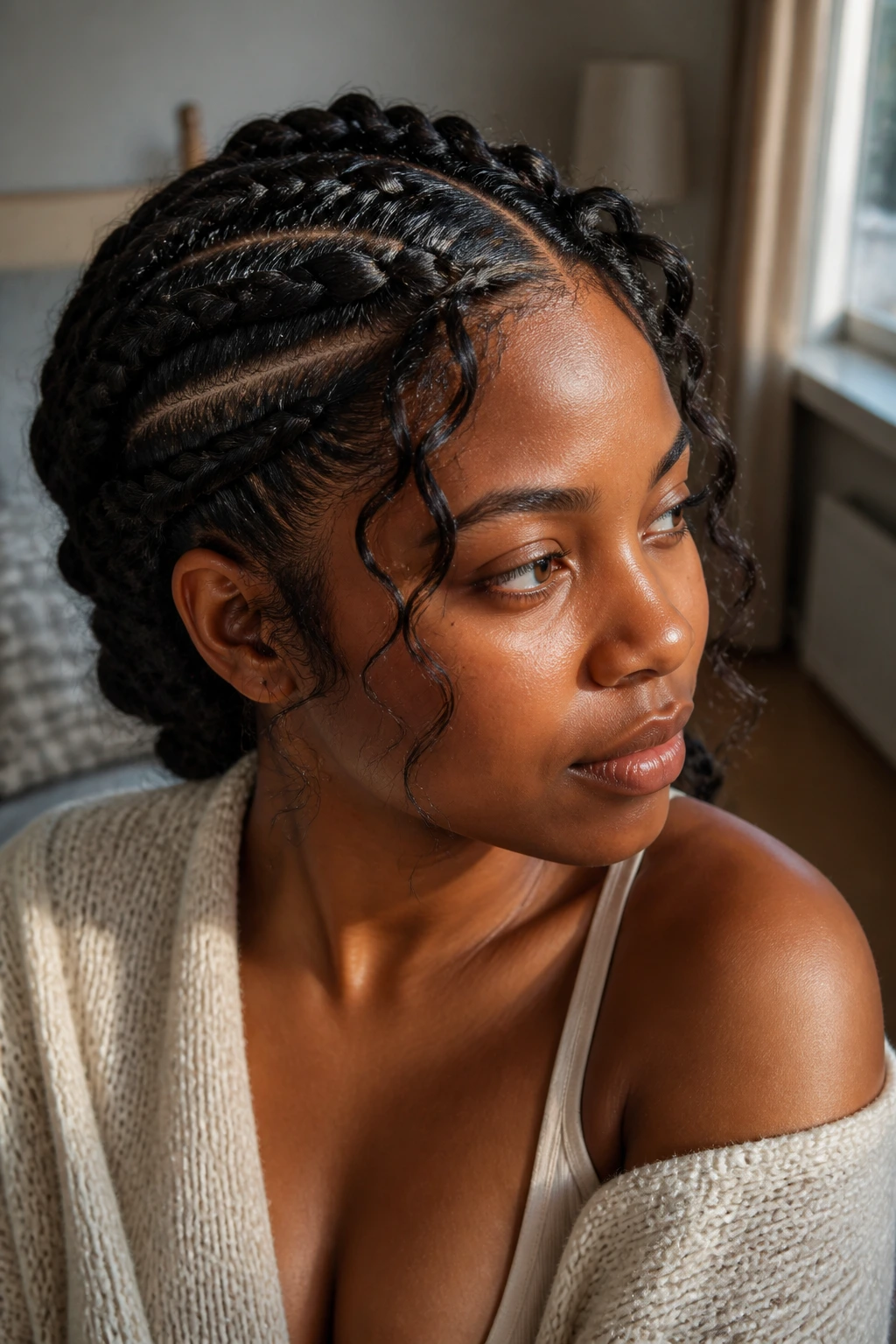 Close-up of a real Black woman with Dutch braids and soft face-framing layers.
