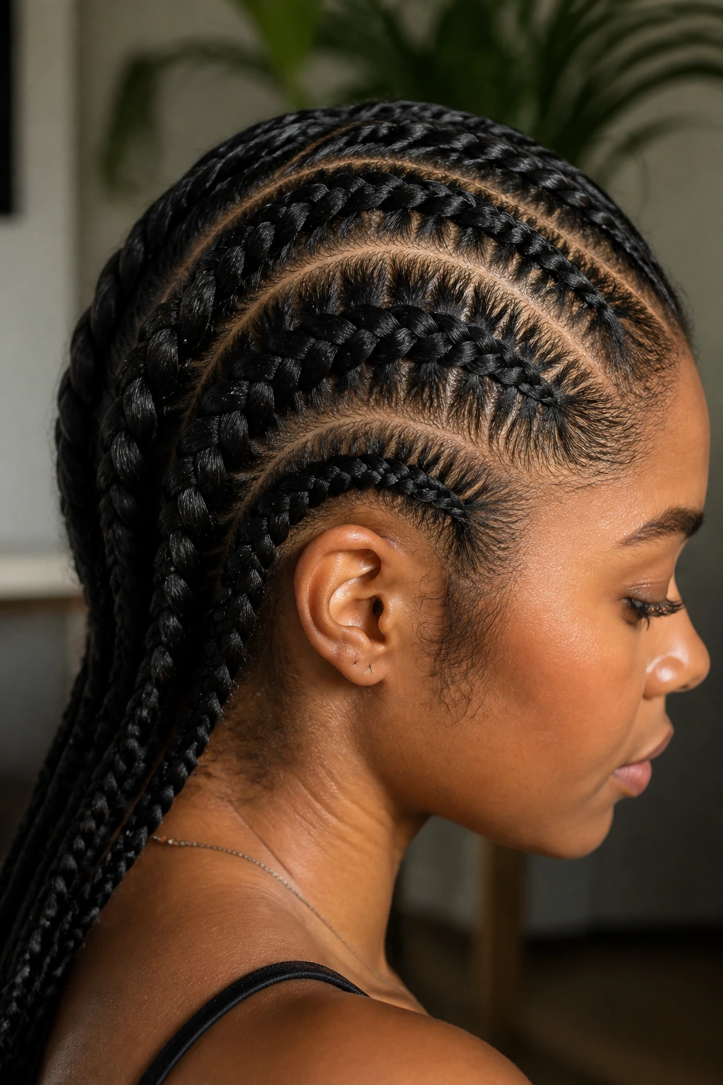 Close-up of natural hair with Dutch braids held shape on natural hair