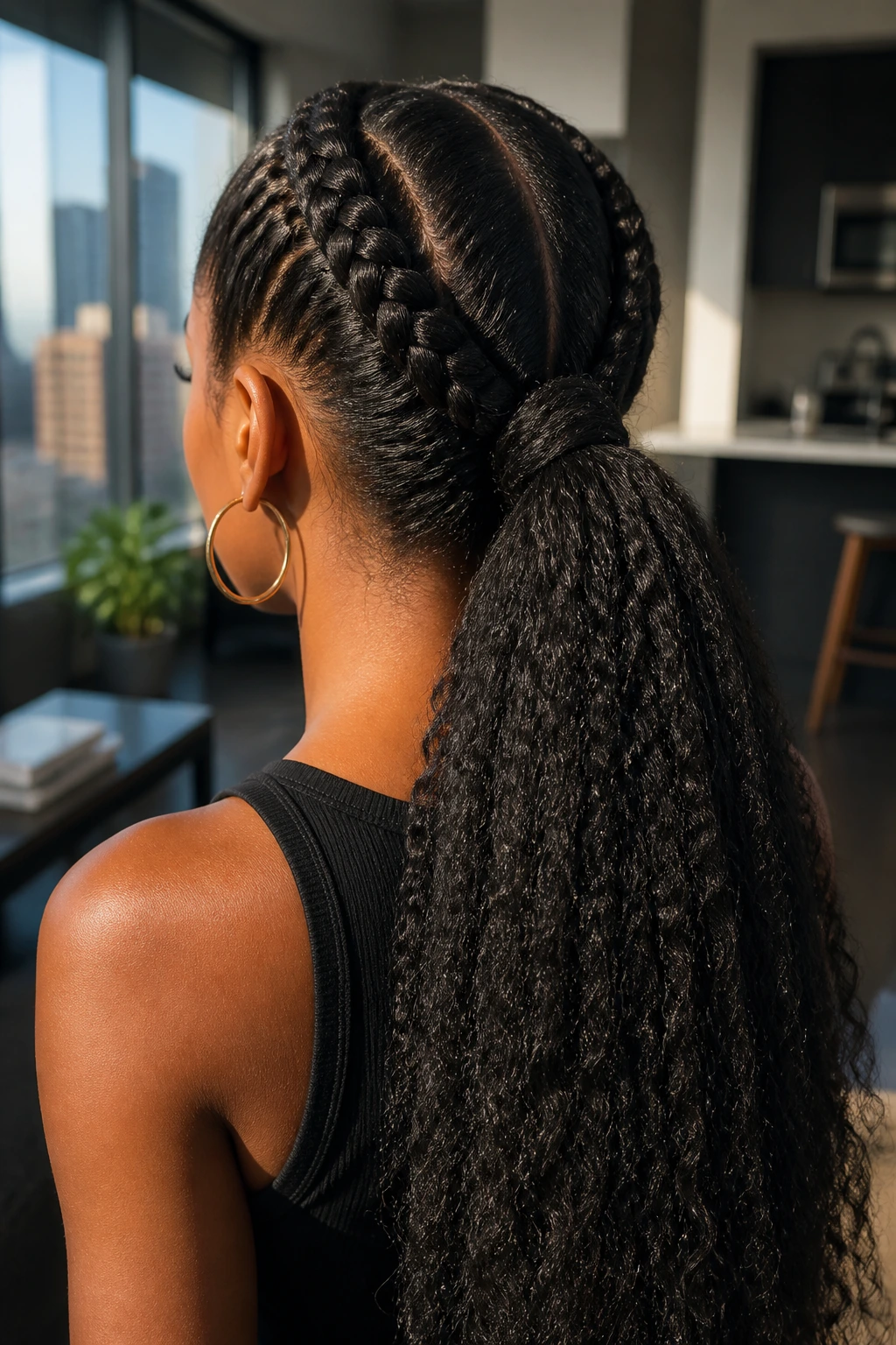 Back-of-head view of a real person with Dutch braids converging into a high ponytail.