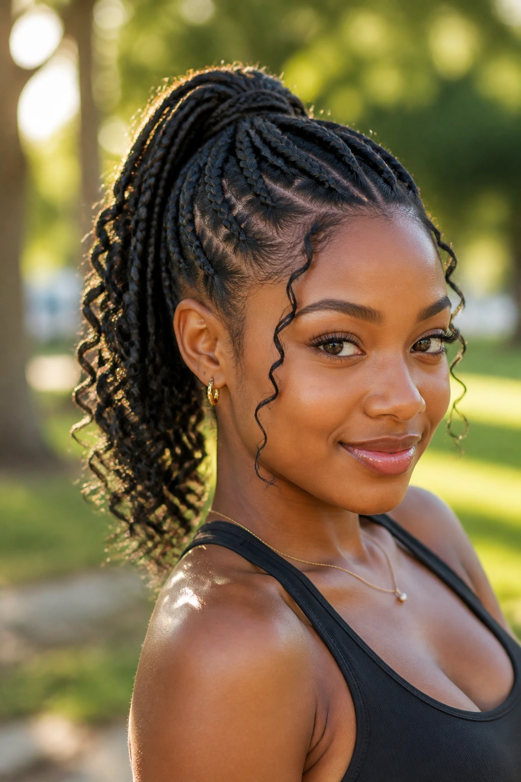 Close-up of a Black woman's high ponytail Dutch braids with curled ends