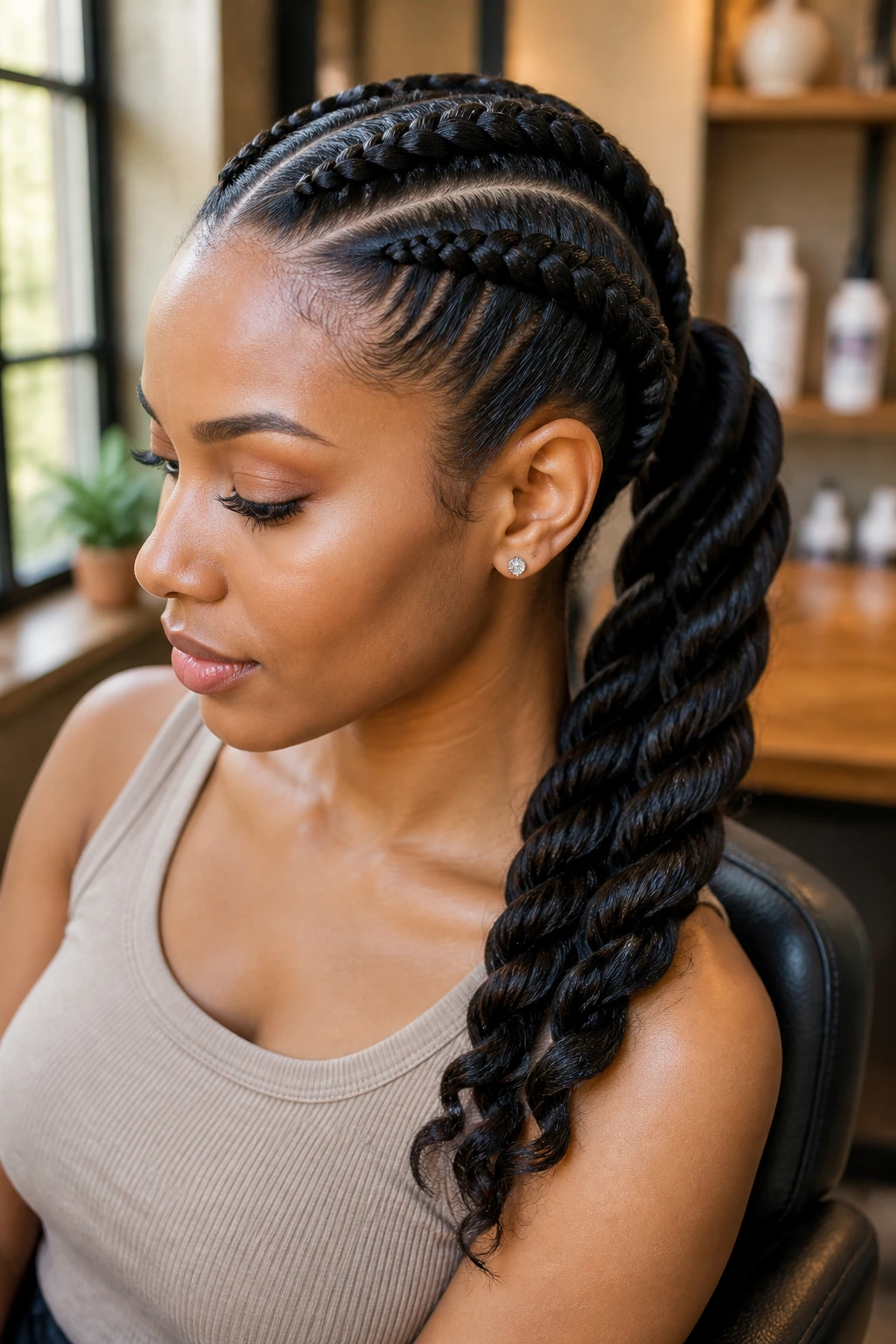Close-up of a real woman's Dutch braids and twisted rope ponytail in a warm hair-studio setting.