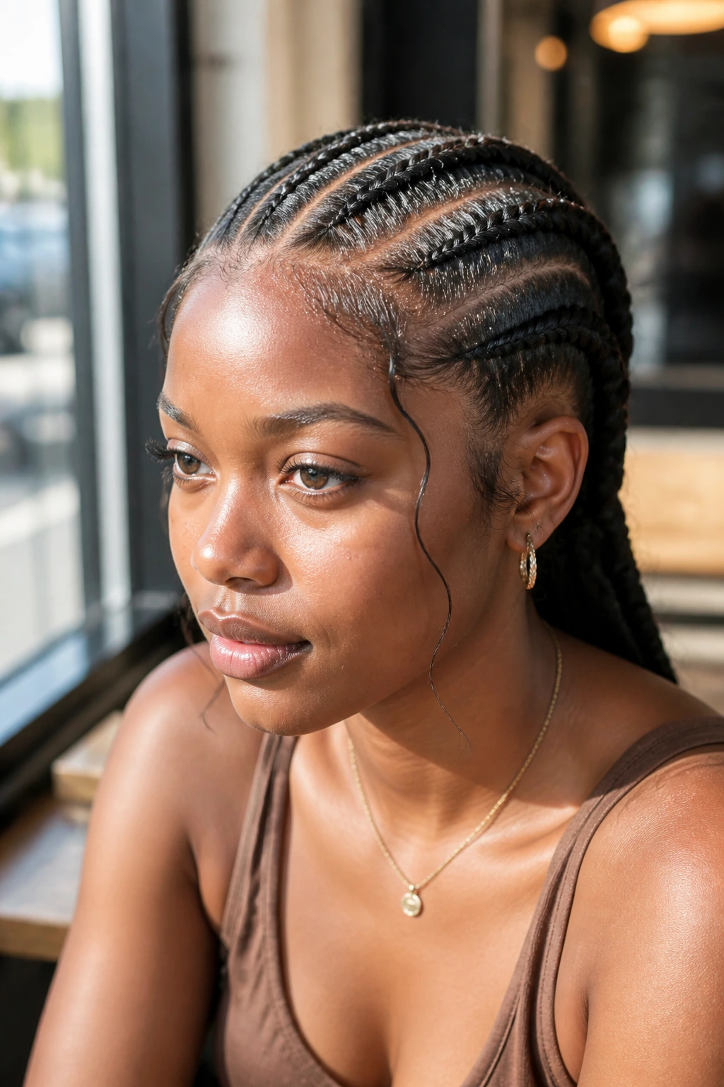 Close-up of four slim Dutch braids across the scalp on a real person