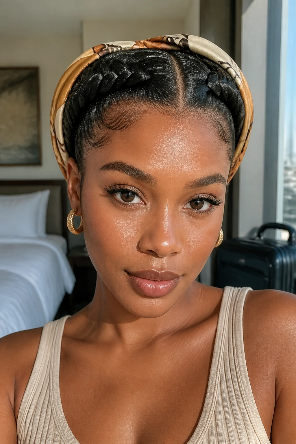 Close-up of a real person with Dutch braids wrapped by a silk scarf at the base.