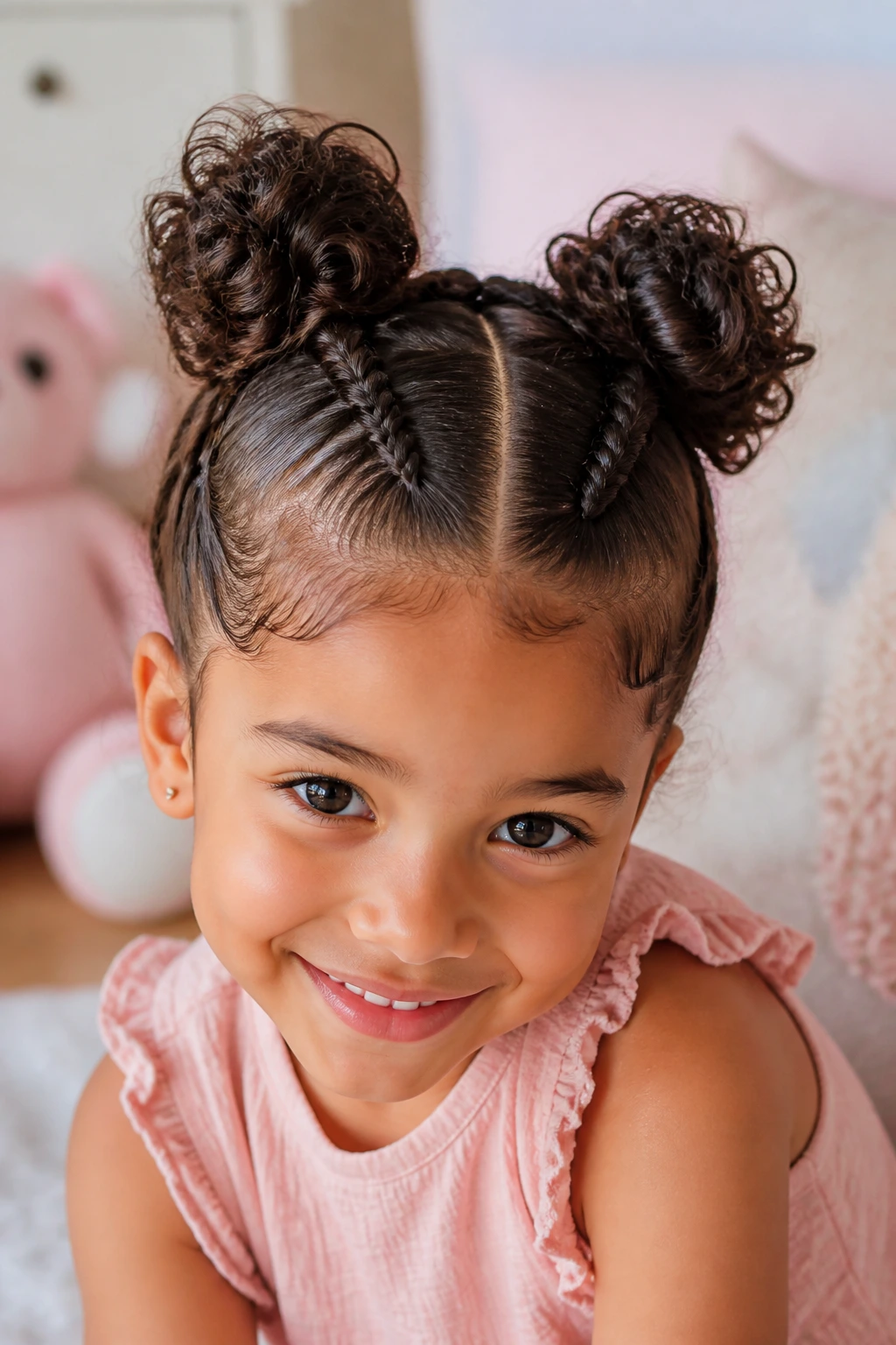 Close-up of Dutch braids forming space buns on a child's head