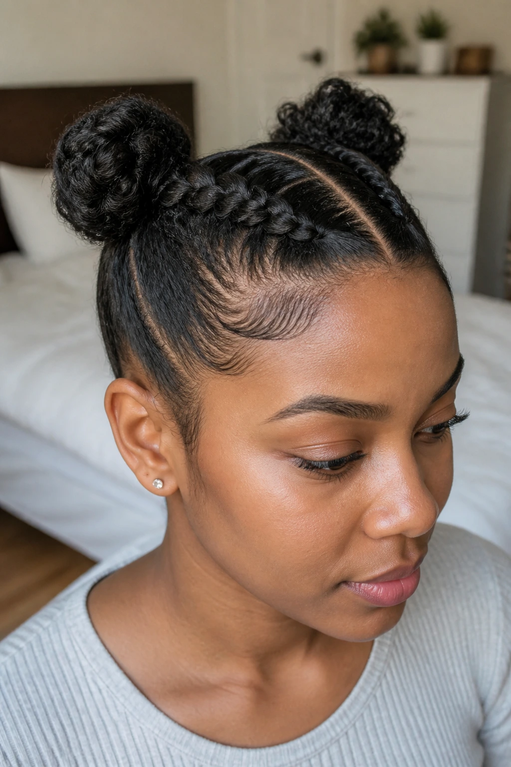 Close-up of a real person with two Dutch braids folded into space buns
