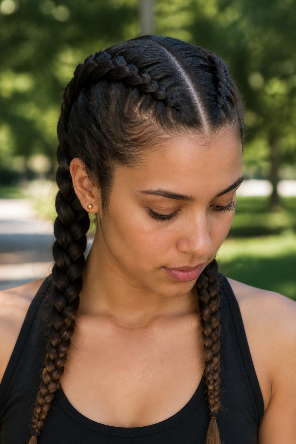 Close-up of a real woman with two Dutch braids in thick hair