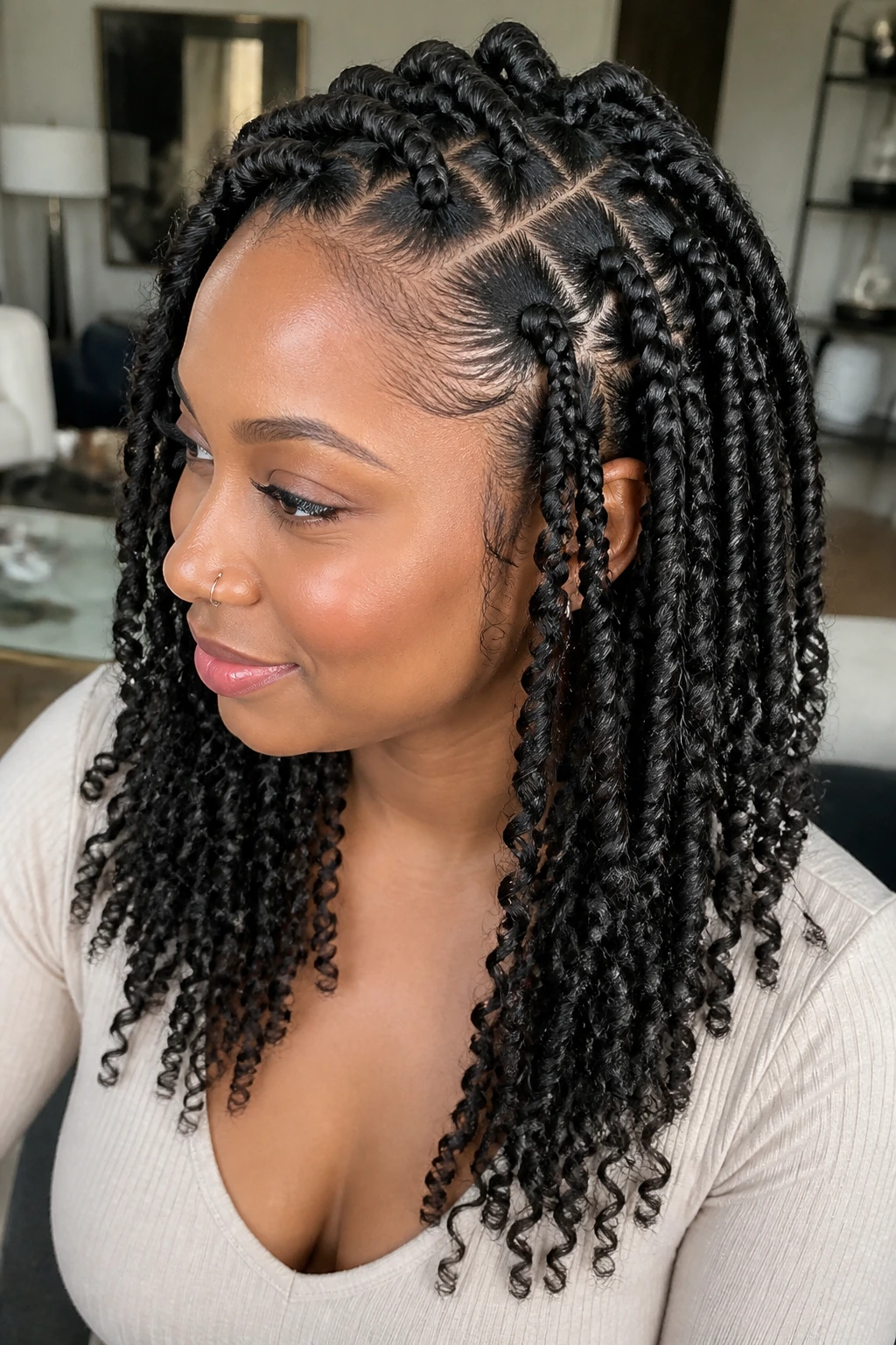 Close-up of a real woman with Dutch braids merging into twist-out ends.