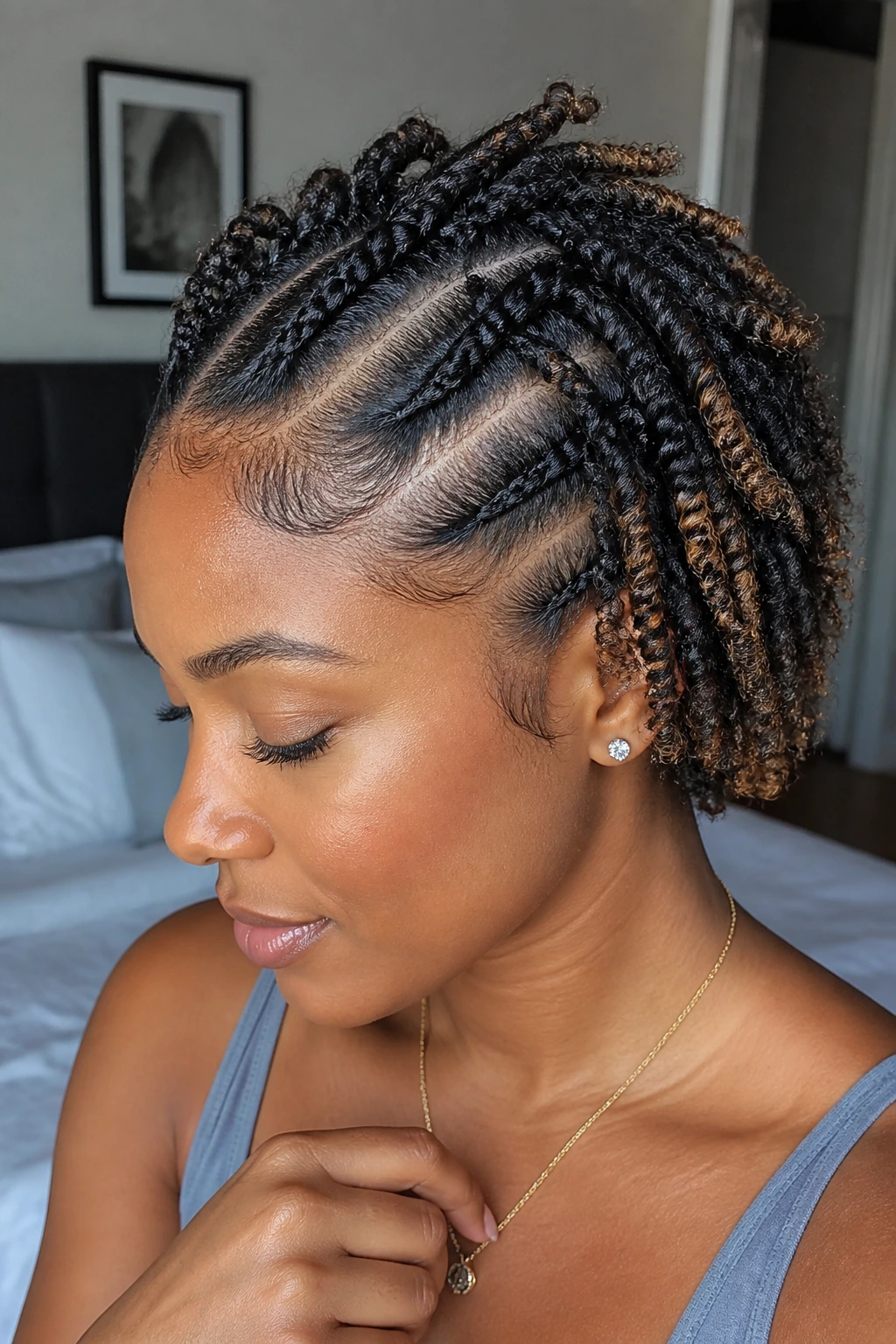Close-up of a real woman with Dutch braids transitioning into twists