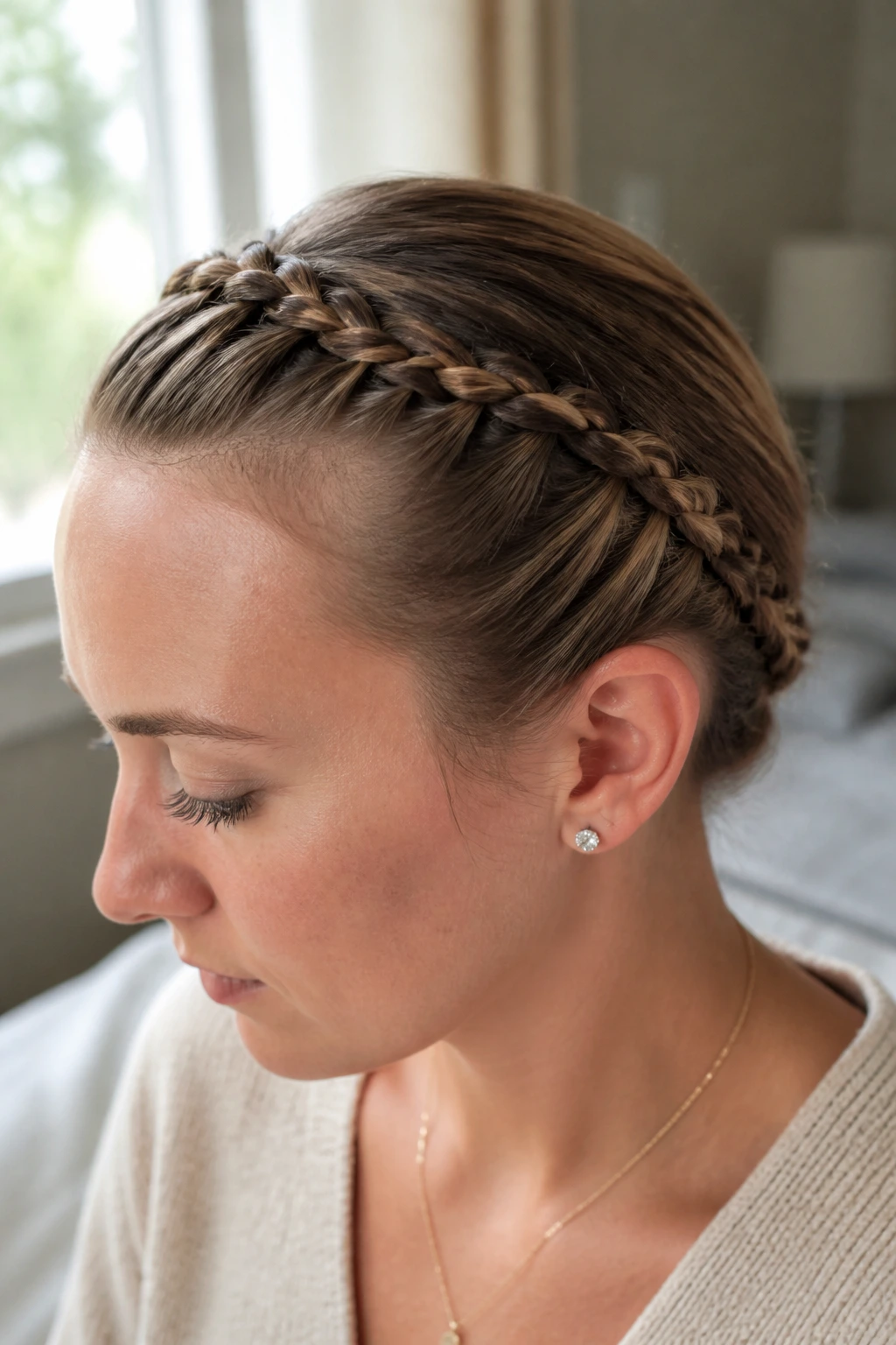 Close-up of a real person wearing a slim Dutch crown braid around the scalp