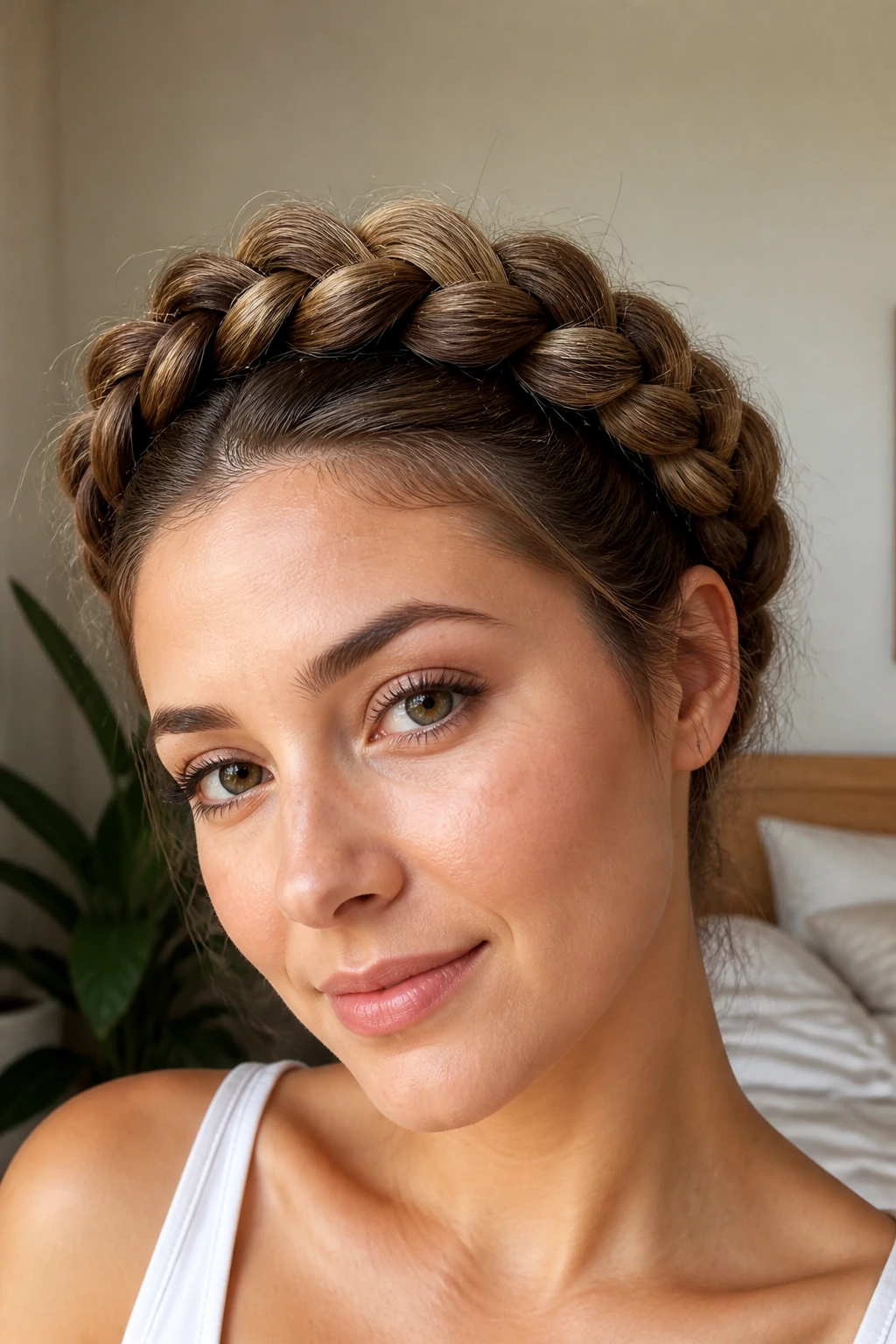 Close-up portrait of a real woman with a Dutch crown braid encircling her head