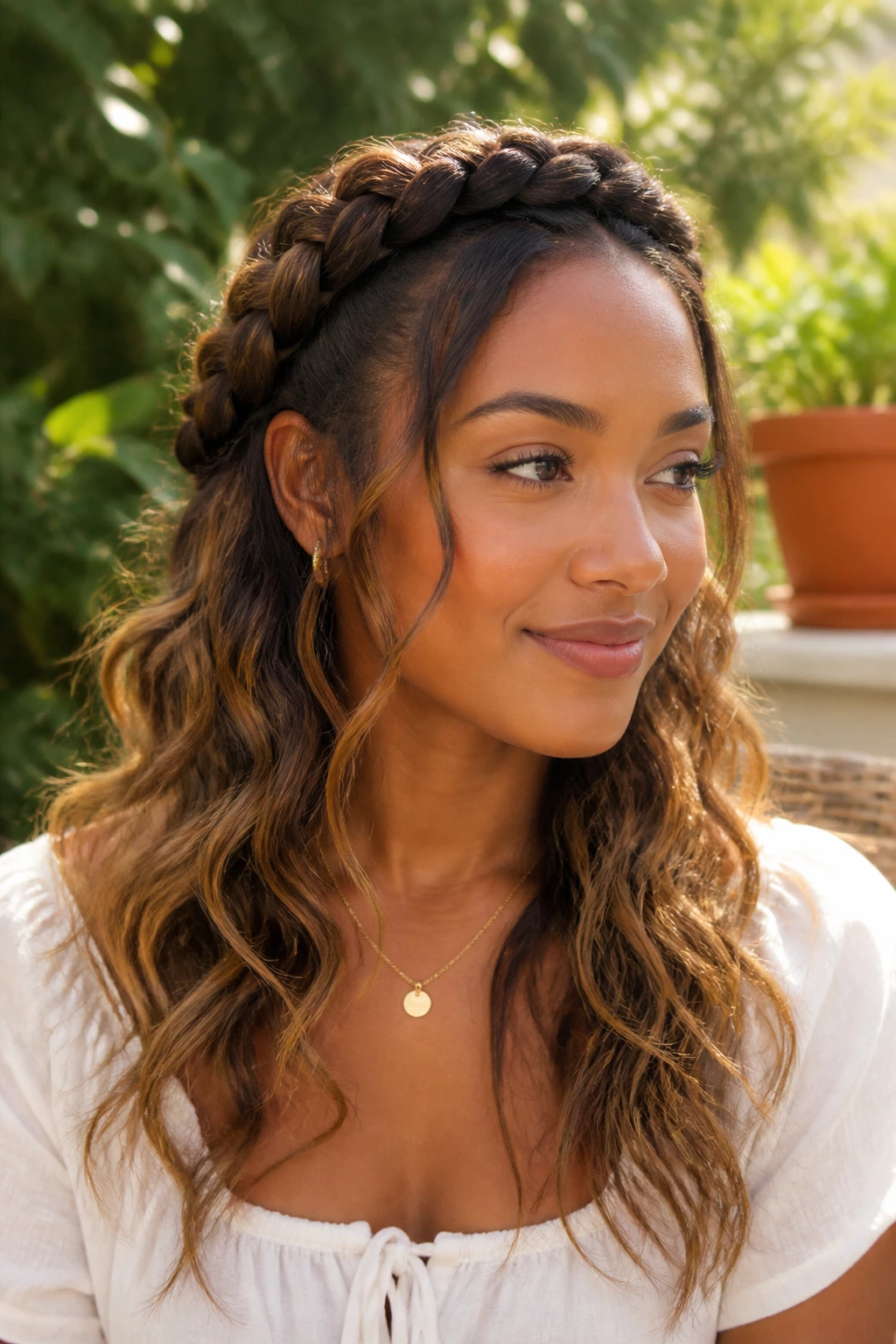 Real woman with Dutch crown braid and soft beachy waves.