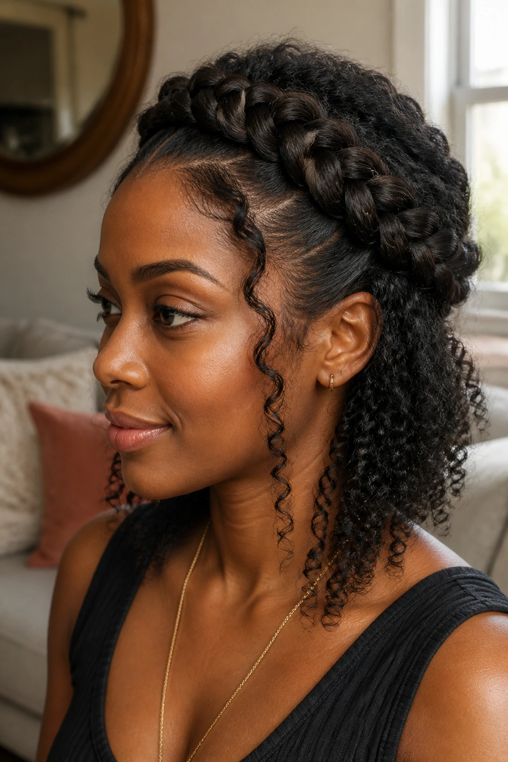 Close-up of a real woman with a Dutch braided crown and curly leave-out in natural light