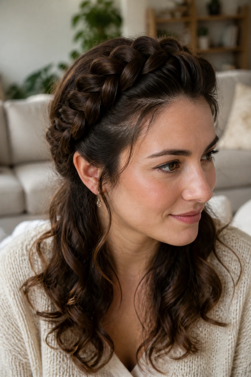 Real woman with a Dutch halo braid around the crown.