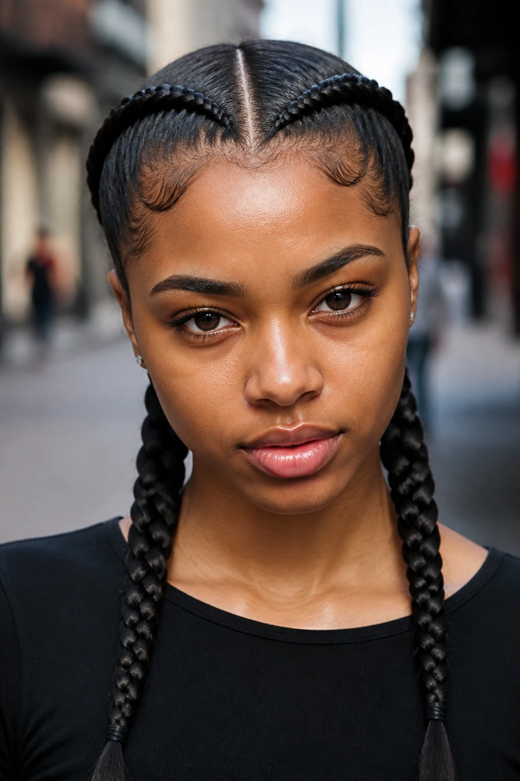 Close-up of a real person with Dutch pigtails and braided ends