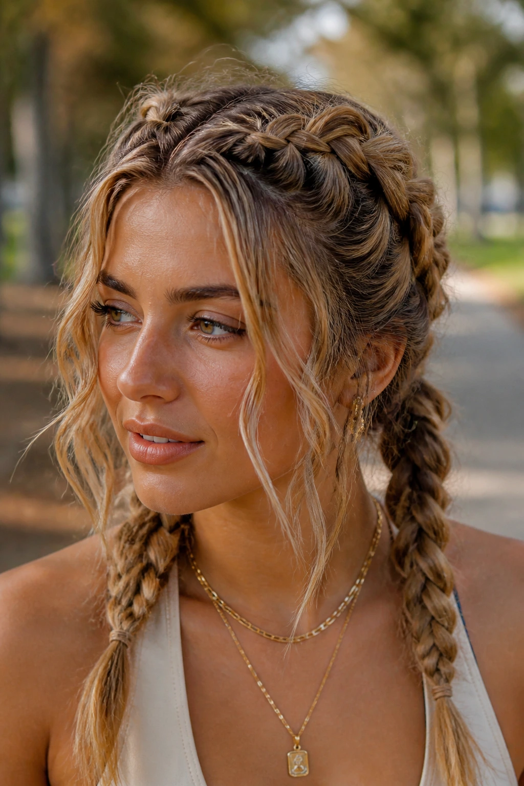 Close-up of Dutch pigtails with messy waves on a real woman
