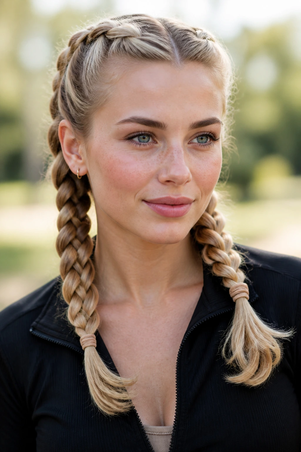 Close-up portrait of a real woman with Dutch pigtails and soft ends in blonde hair.