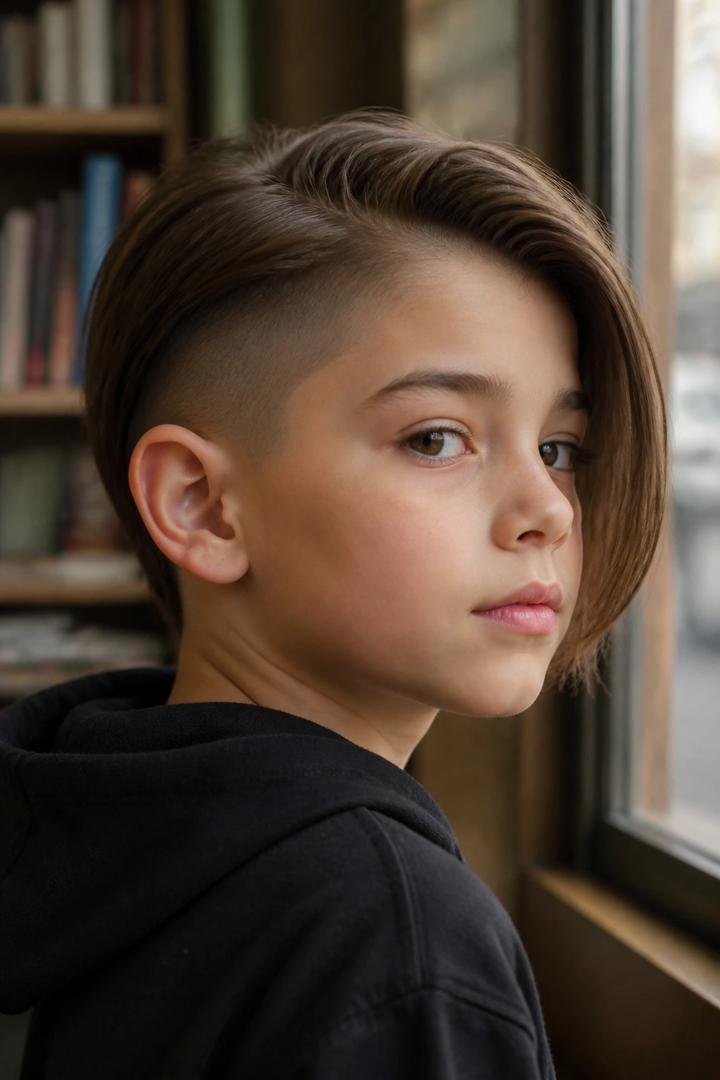 Boy with ear-exposing bob and deep side cleanout