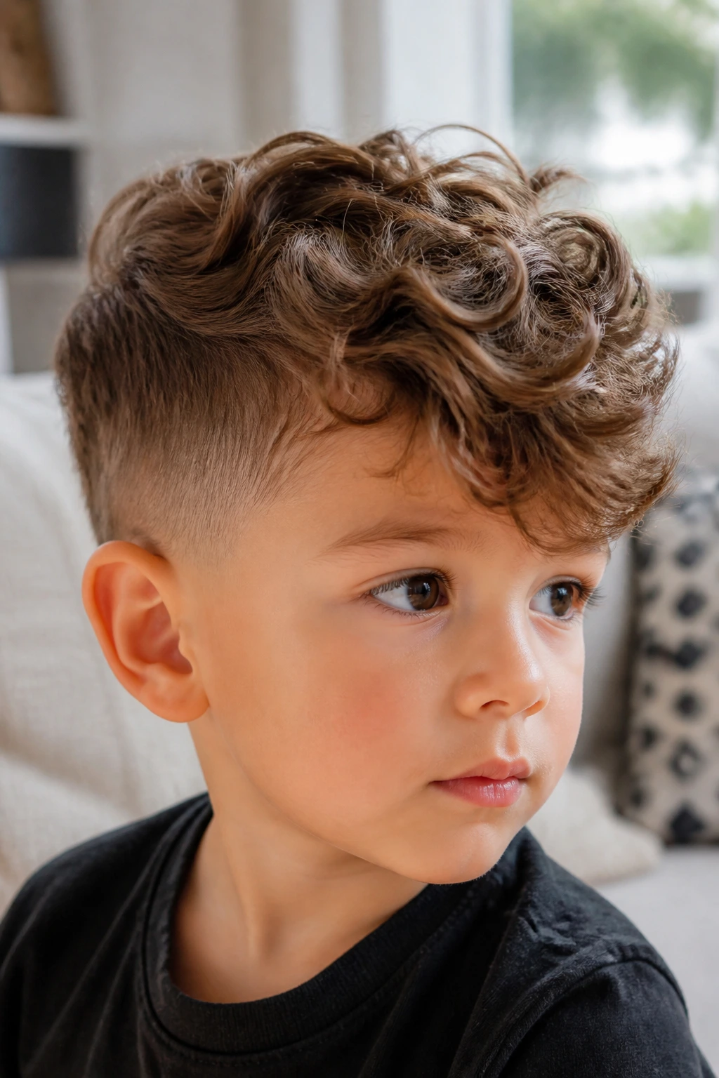 Toddler boy with ear-forward side-sweep pixie, asymmetrical top, ears visible, natural light.