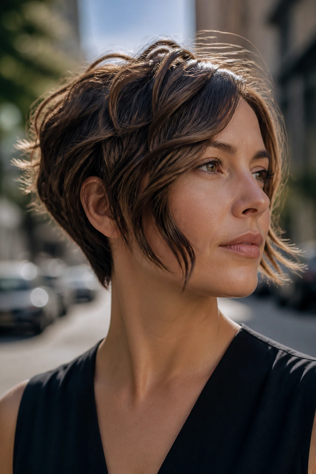 Portrait of a person with Ear-Grazing Crop and long front corners brushing the jaw.