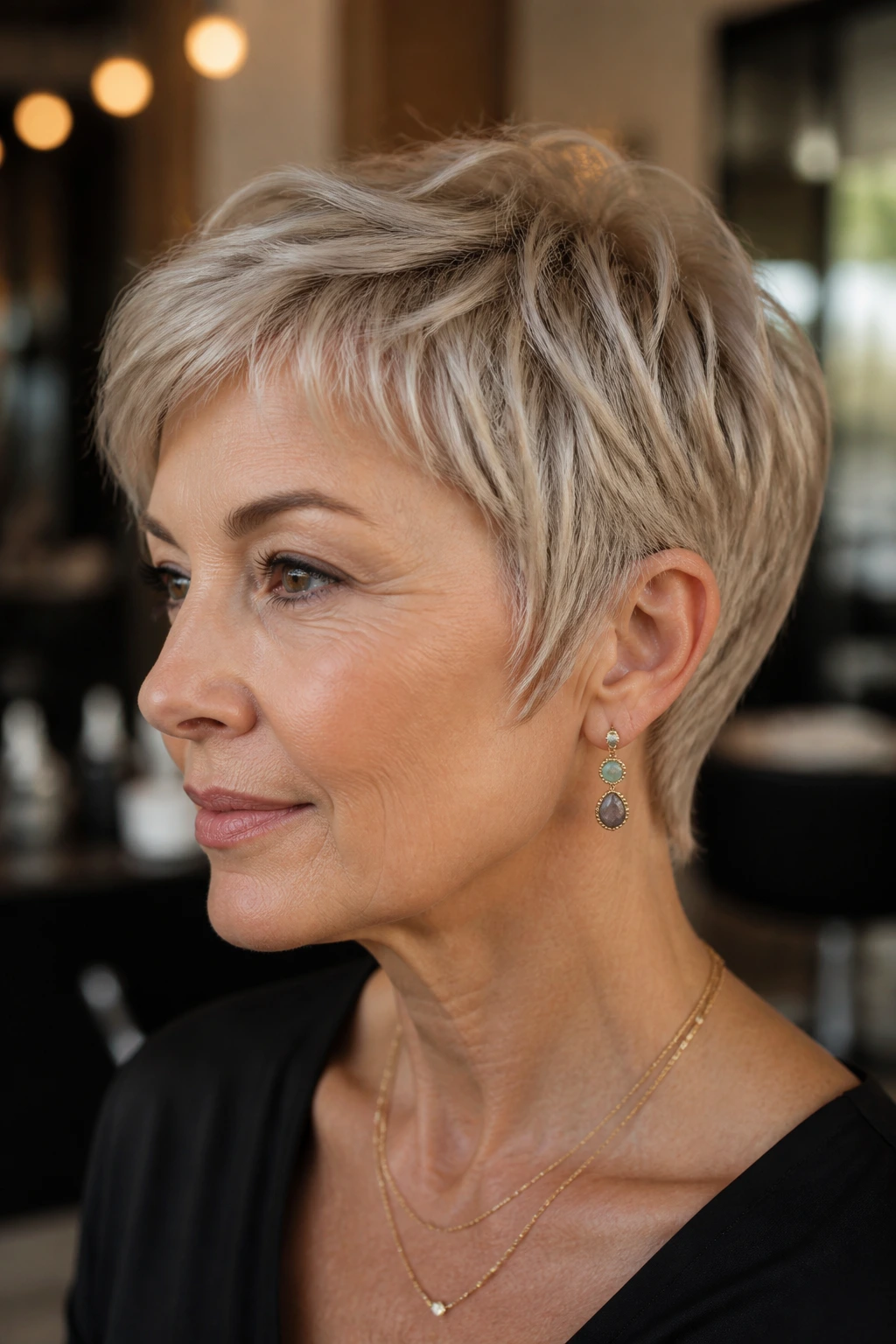 Close-up portrait of a real woman with an ear-grazing crop and soft sideburns.