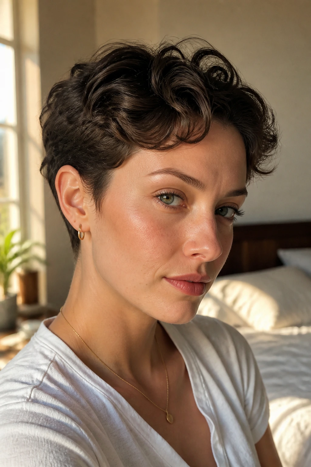Close-up portrait of a real woman with an ear-grazing crop showing tucked sides and wavy texture