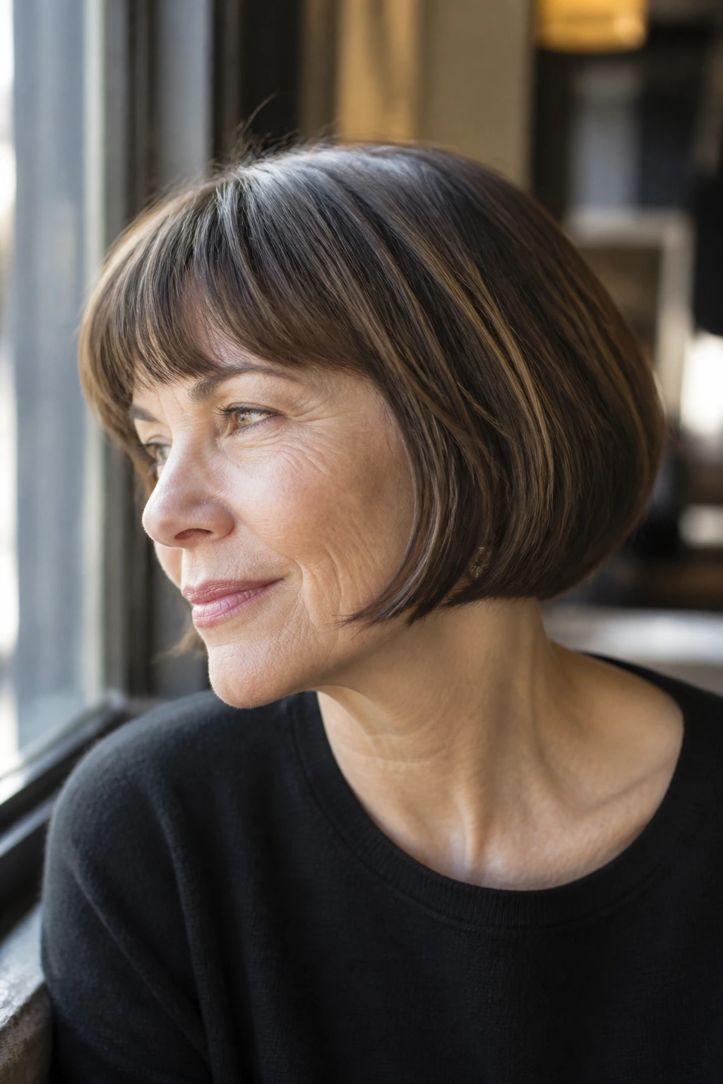 Close-up of a woman with an ear-grazing French bob.