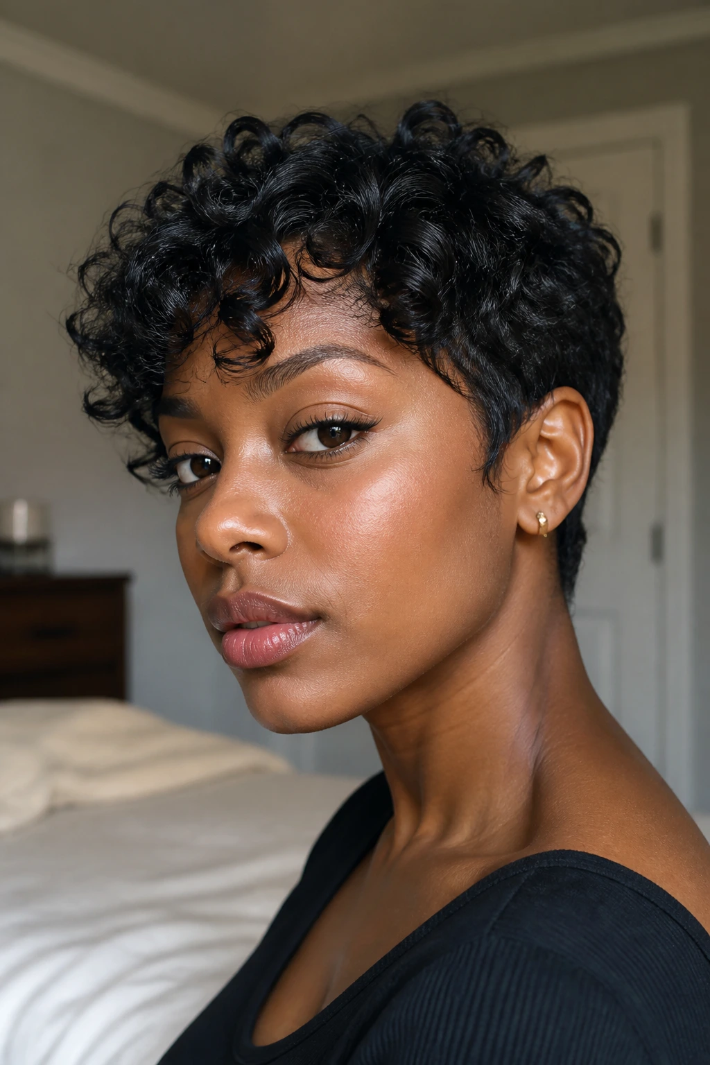 Close-up of a real Black person with ear-grazing curly pixie and visible ears