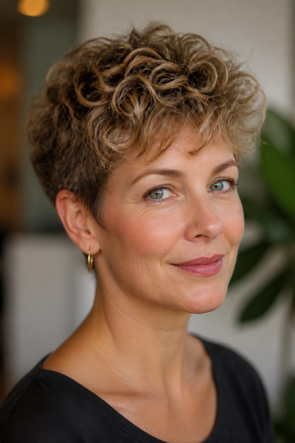 Portrait of a real woman with ear-grazing pixie and lifted top