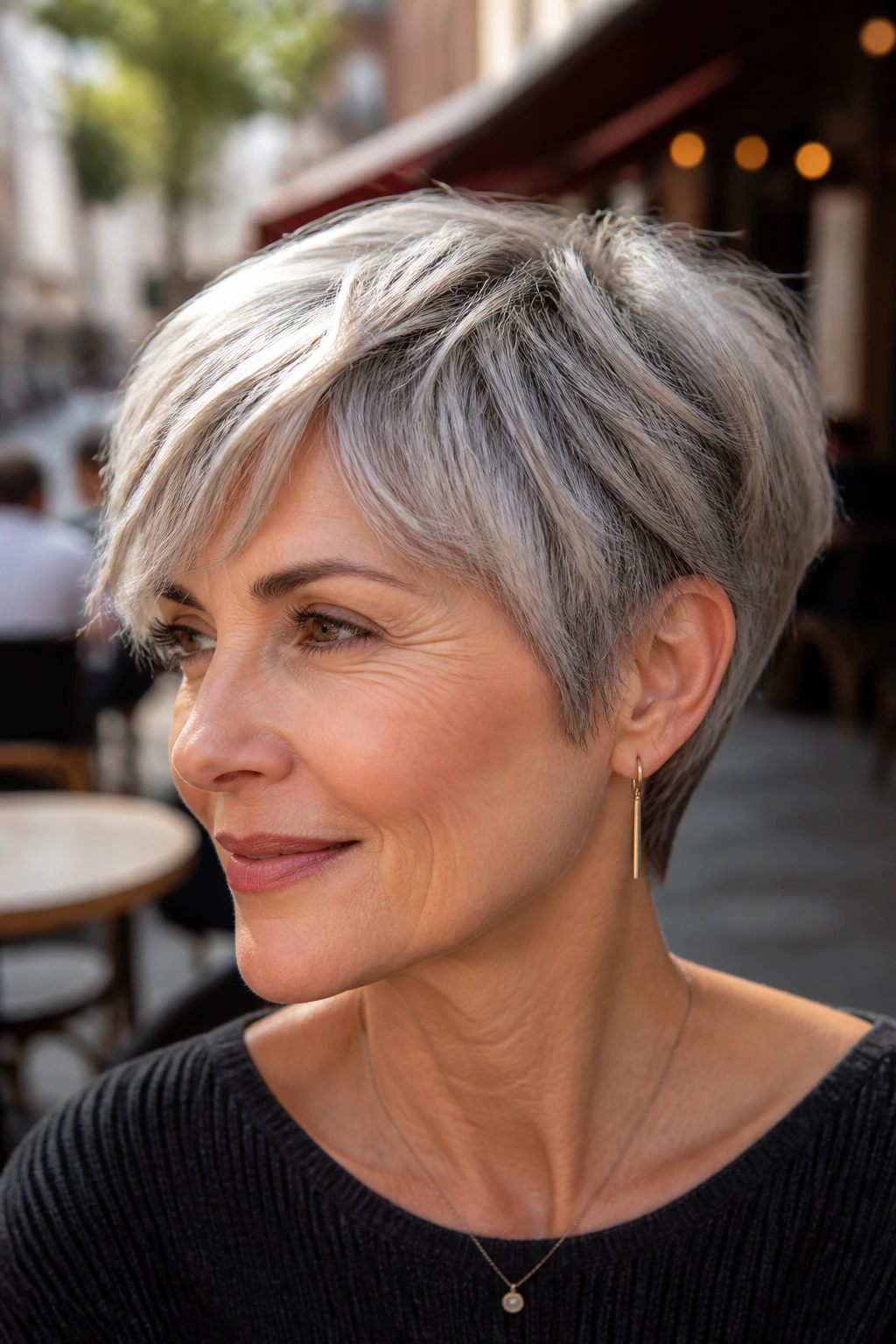 Close-up of gray-haired woman with Ear-Grazing Pixie longer top layers.
