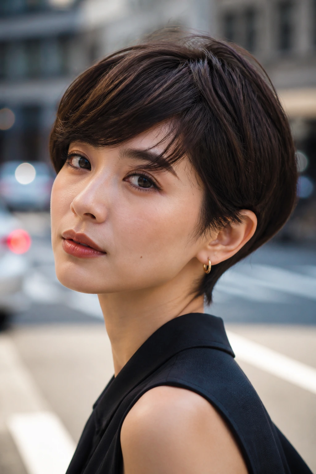Portrait of a real woman with ear-grazing pixie and side-swept fringe in outdoor light