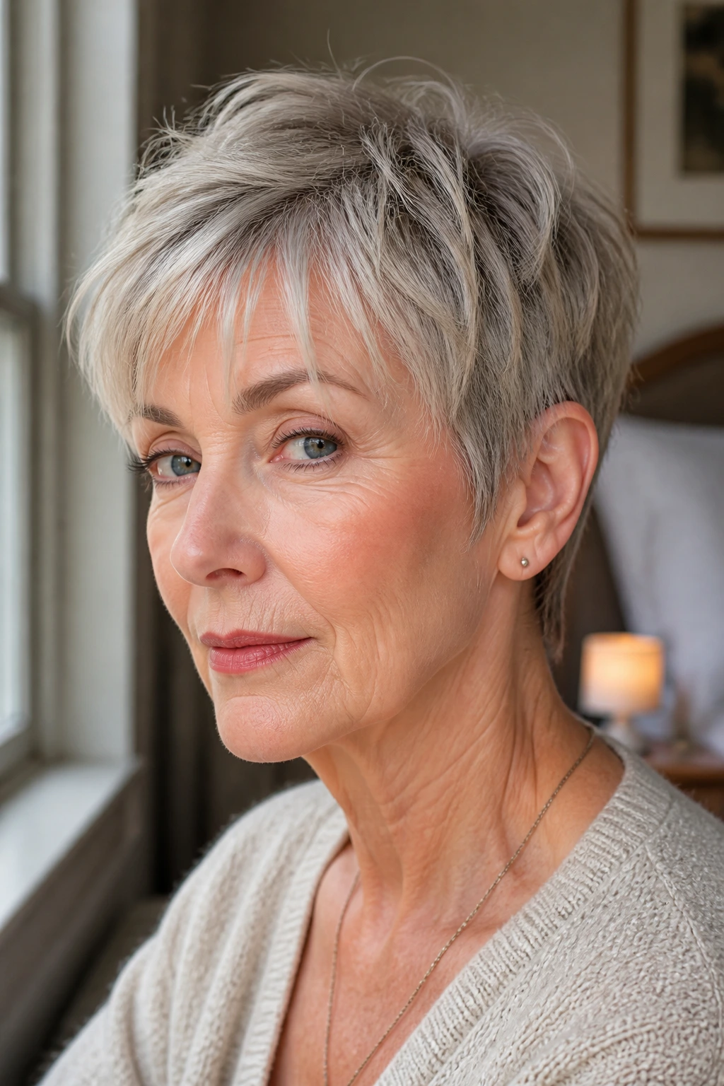 Close-up of a real woman with ear grazing tapered pixie hairstyle