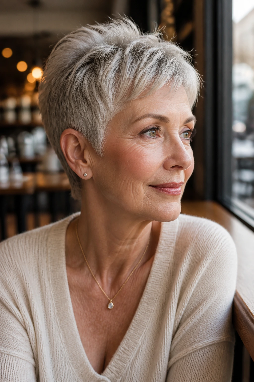 Real woman with ear-hugging soft pixie cut, ears visible in warm light.