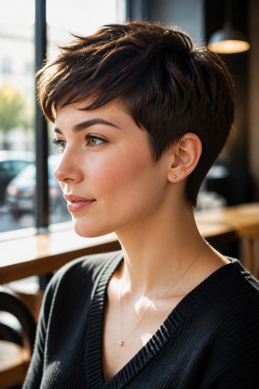 Close-up of a woman with an ear-hugging crop haircut showing cropped sides around the ears