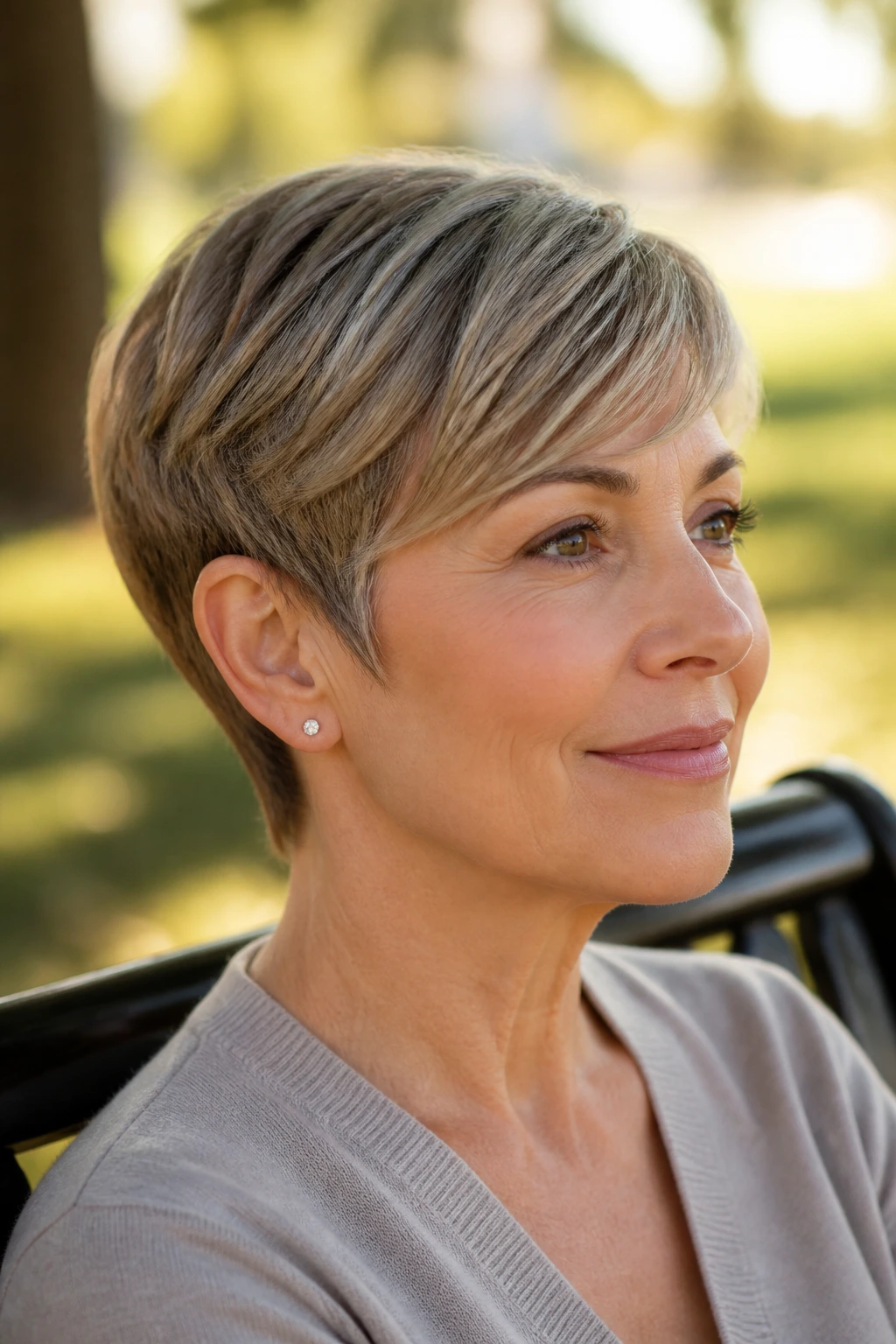 Close-up of a real woman with an ear-hugging pixie and soft temple edges