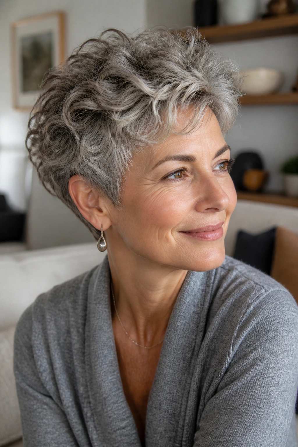 Close-up of a real woman with ear-length airy crop in warm window light